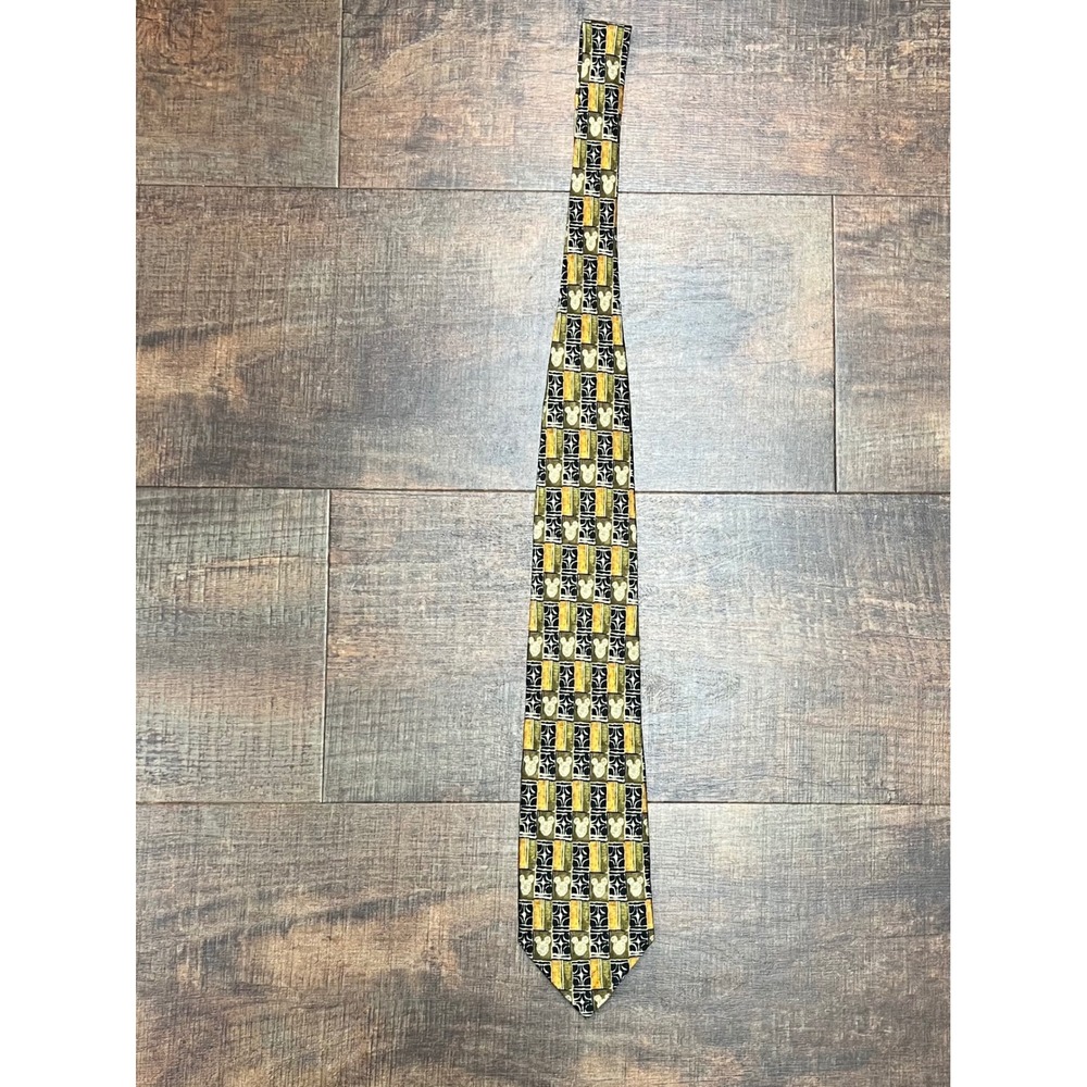 Disney Store Mickey Mouse Silk Tie Geometric Art Deco Green Gold Men's Necktie